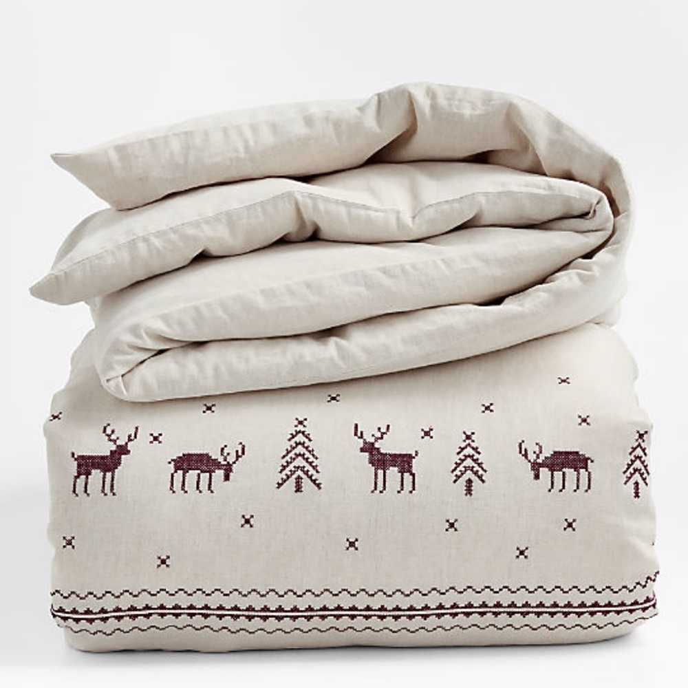 New! 🦌✨Crate&Barrel Reindeer Embroidered Cotton Linen Cross Stitch Natural Duvet